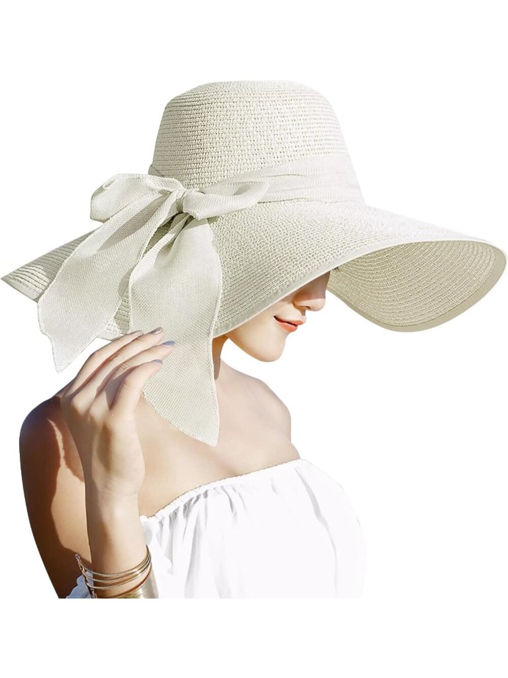 Women's Ivory White 5.7 Inches Big Bowknot Straw Hat Large Floppy Foldable Cap